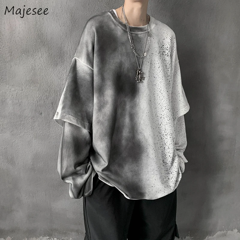 

Men Sweatshirts Print Loose Design Korean Style Students Chic Casual All-match Spring New Popular Harajuku Retro Fake Two Pieces
