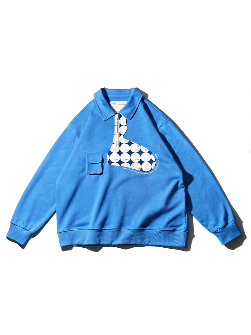 EAFINETAL. 22AW Irregular Placket Ruthless Print Embroidered Panels Placket Zipper Lapel Pullover Sweatshirt