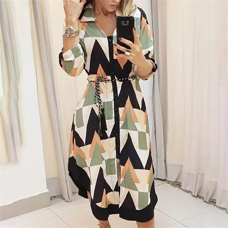 

2022 spring and autumn wish new print Plaid Lapel lace up irregular dress women