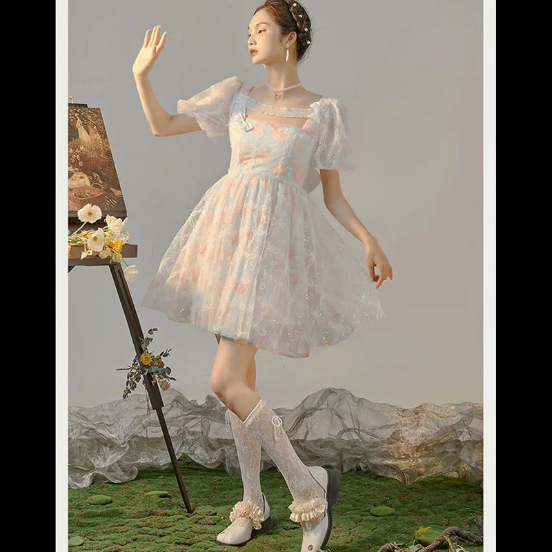 

Kawaii Vintage Fairy Floral Puff SleevesDress Women 2022 Summer Sweet Lace Elegant Princess Female Casual Party Mini Dress
