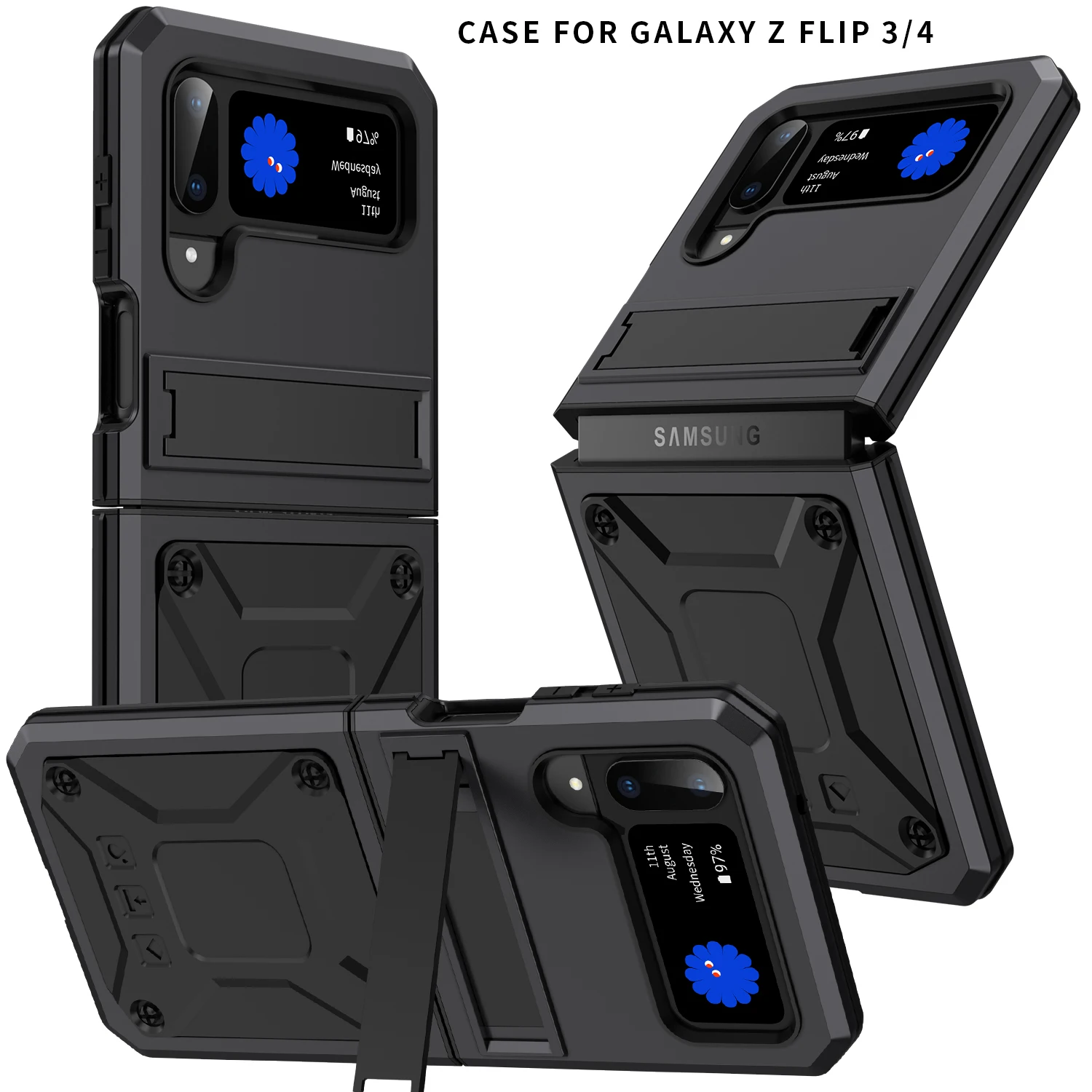 For Samsung Galaxy Z Flip 4 Case  Heavy Duty Metal+Silicone Rugged Strong Protection KickStand Cover Dust Proof Drop Resistant