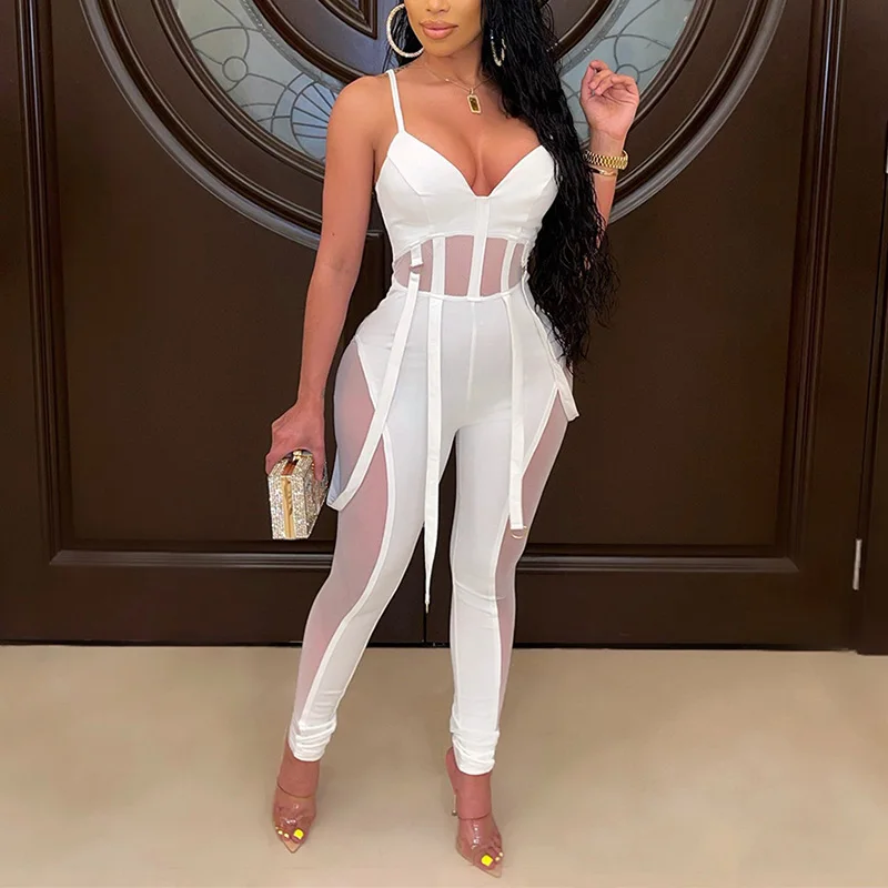 

Summer Fashion New Spaghetti Strap Mesh Slim Jumpsuit Sexy Party Club Overalls European and American Style See-through Jumpsuits