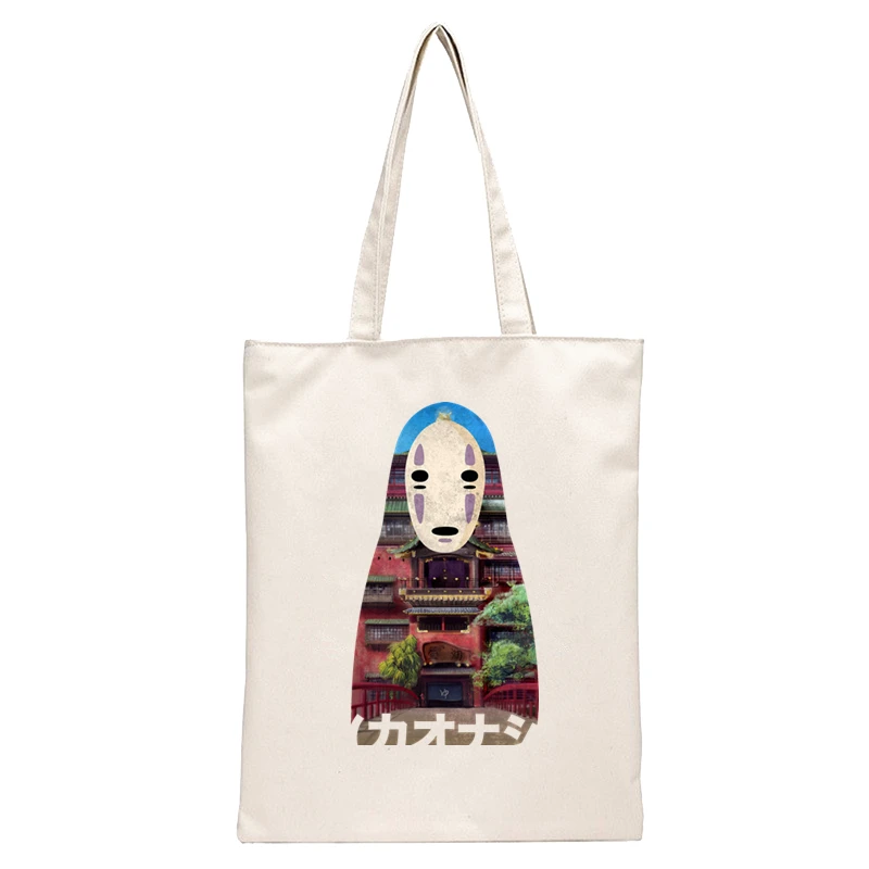 

Spirited Away Faceless Print Reusable Shopping Bag Women Canvas Tote Bags Printing Eco Bag Cartoon Shopper Shoulder Bags