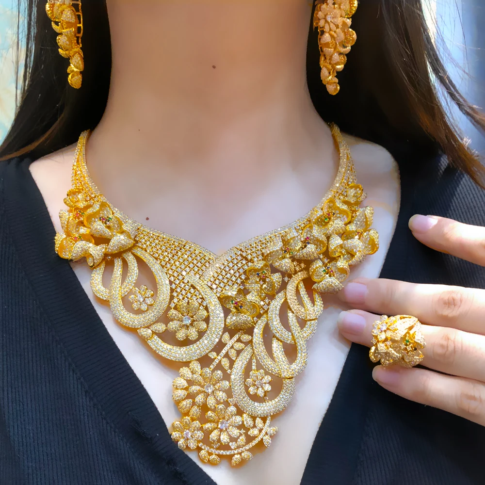 

Missvikki Original Design Big Necklace Bracelet Rings Earrings Luxury Romantic Blooming Flowers for Bridal Wedding Jewelry Set