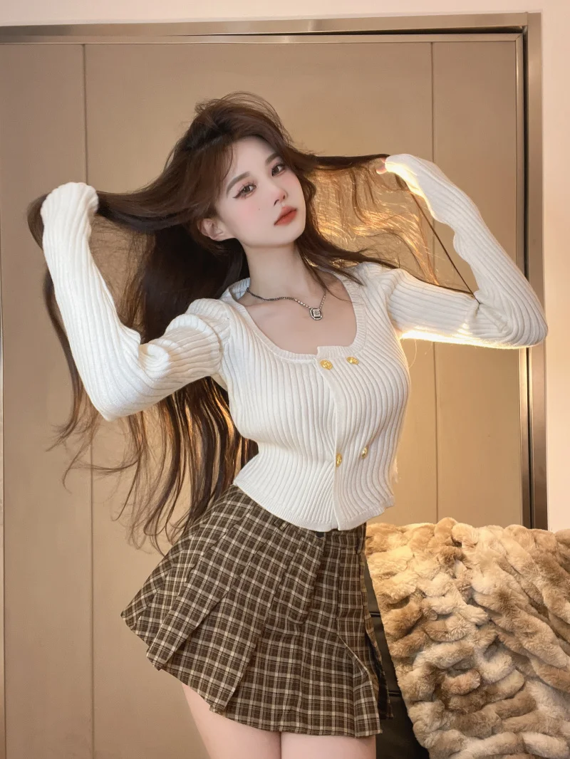 

Cropped Cardigan for Women Pull Femme Double-breasted Square Collar Tunic Jumper 2023 Ropa Mujer Knitted Y2k Sweater Tops