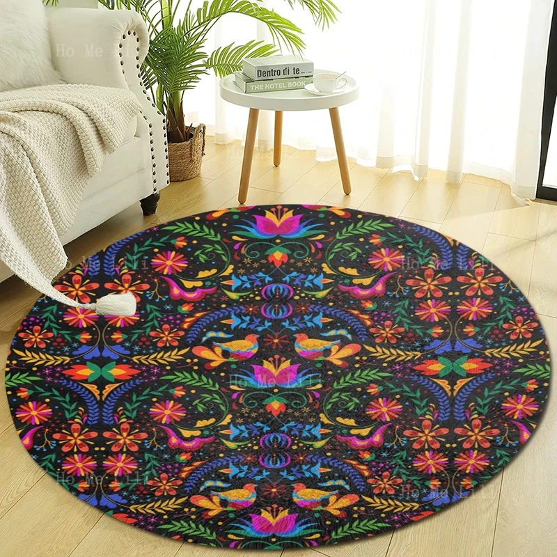 

Traditional Mexican Folk Art Features Tropical Bird And Flower Patterns Non Slip Flannel Round Floor Mat