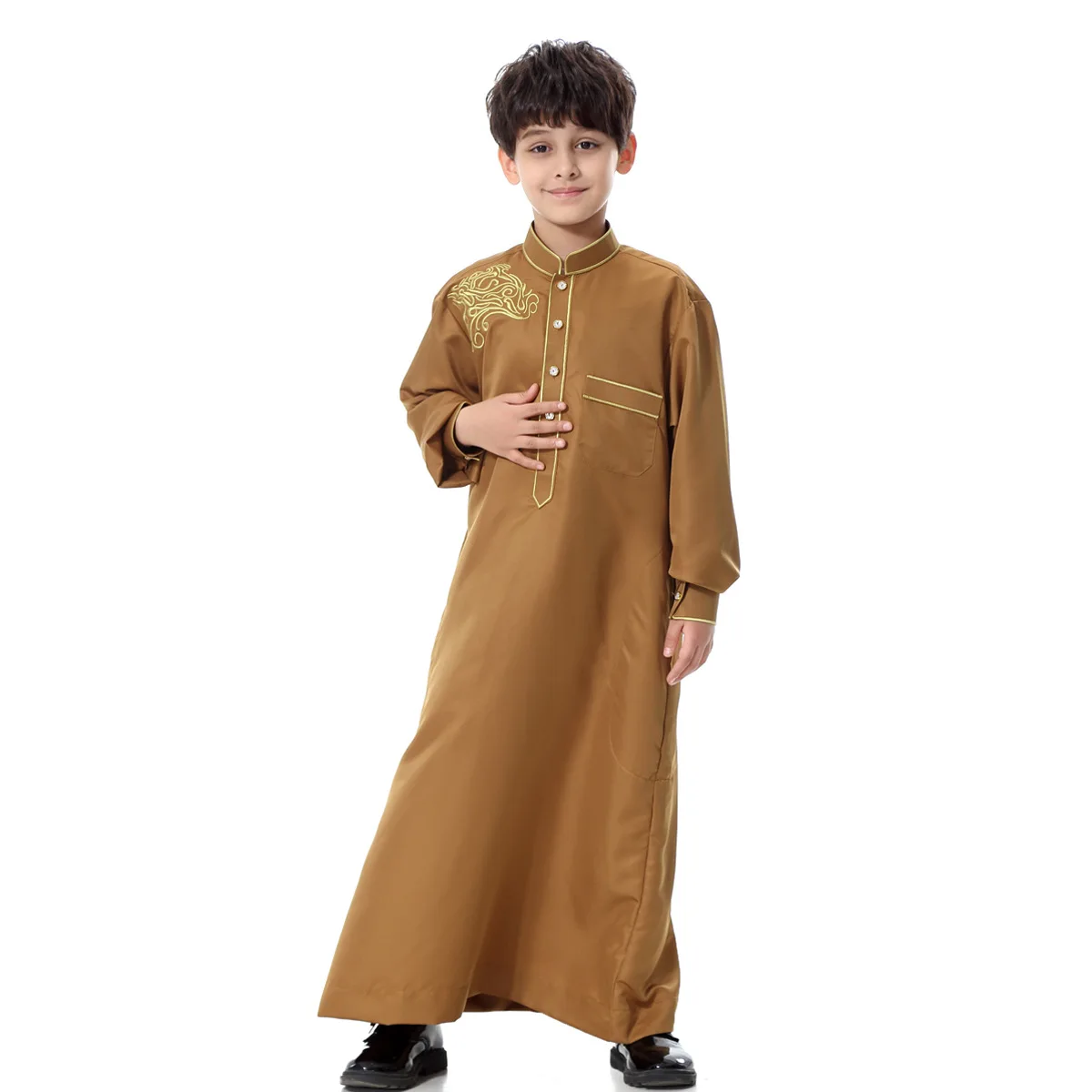 Middle East Muslim Teenager Robe Boys Jubba Thobe Islamic Child Long Sleeve Stand Collar Kaftans Jalabiya Arab Ramadan Costumes