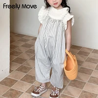 freely move girls summer fashion clothes set 2 pcs suit solid ruffles tank tops striped overalls sets girls clothes casual wear