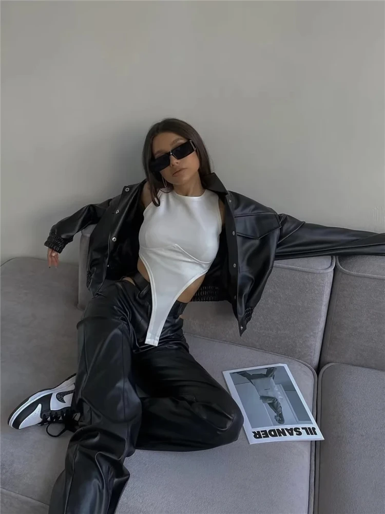 KEYANKETIAN women's black faux leather coat with shoulder pads New street style single breasted PU leather coat with lapels