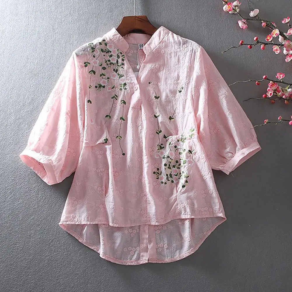 

2023 Fashion Blouses Women Vintage Embroidery Flowers Pattern V-neck Half Placket 3/4 Sleeve Transparent Loose Shirt Tops blusas