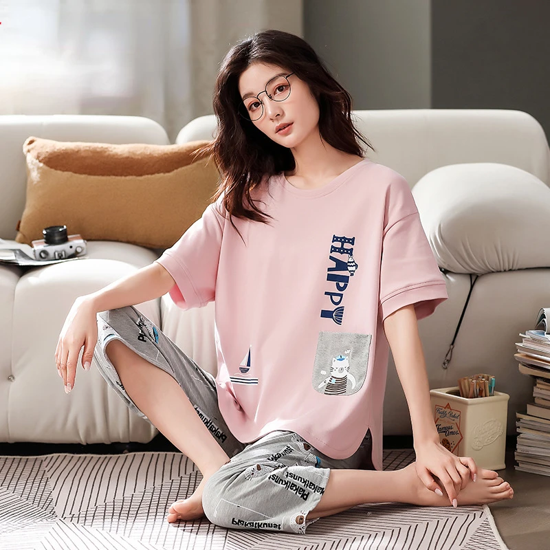 Pajamas Women Summer Cotton Explosive Fashion Simple Casual Home Wear Two-piece  with Round Neck Breathable and Soft Nightwear