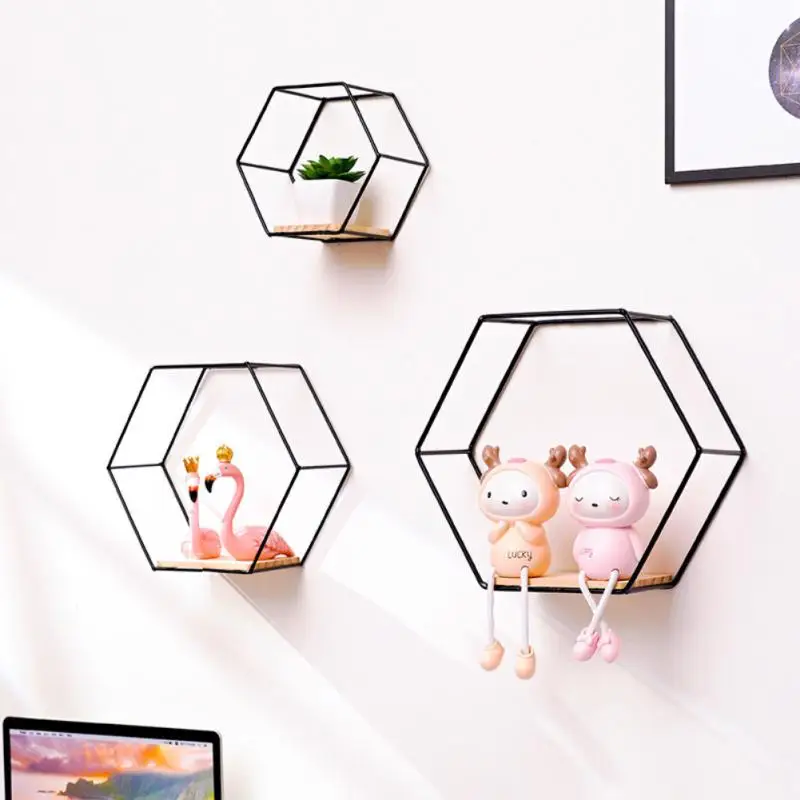 

Wall Mounted Floating Hexagon Storage & Display Shelf Metal Framed Gold Shelves Sundries Organizer Living Room Home Decoration