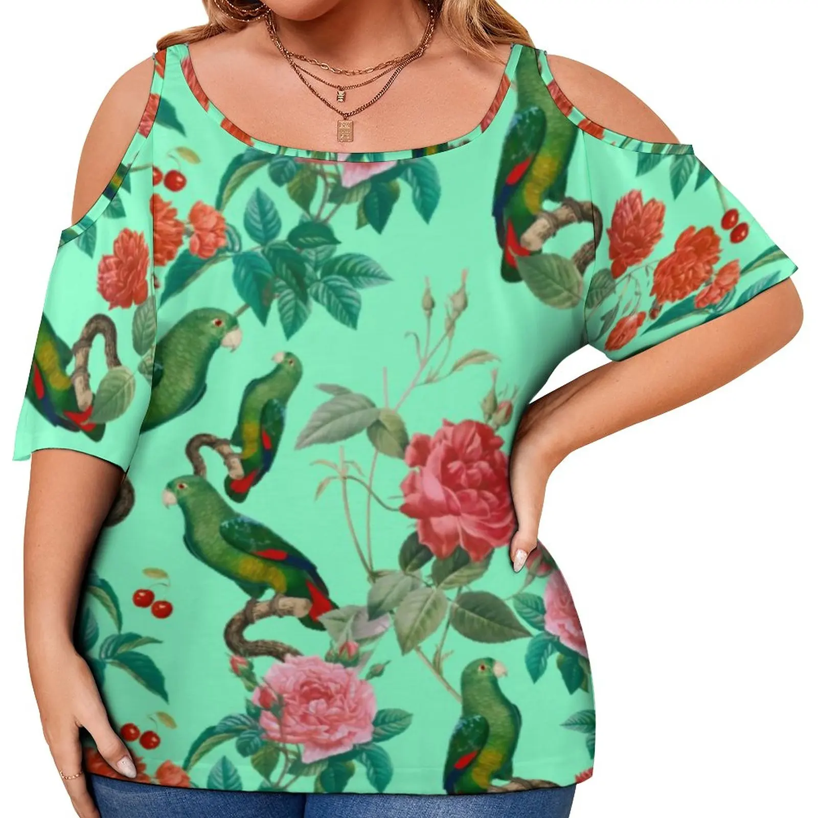 

Parrot Pattern T-Shirt Red And Pink Roses Retro T-Shirts Short Sleeve Beach Tshirt Womens Summer Graphic Tops Plus Size