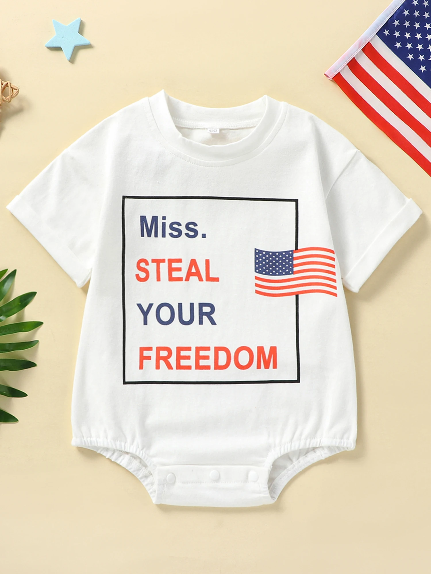 

CHAUKAREAUL Baby 4th of July Outfit Boy Girl Short Sleeve Letter Print Crewneck Romper Ruffle Patriotic Day Bodysuit (White
