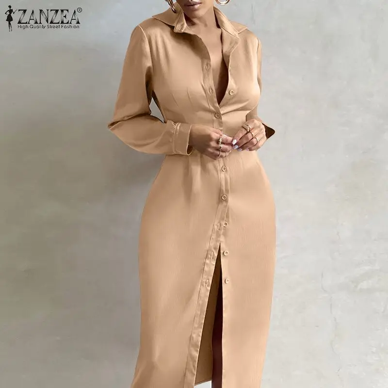 

Lady Holiday Satin Waist Sundress Oversized Spring Elegant Shirt Dress Women Fashion Solid Robe 2022 Party Bodycon Midi Dresses