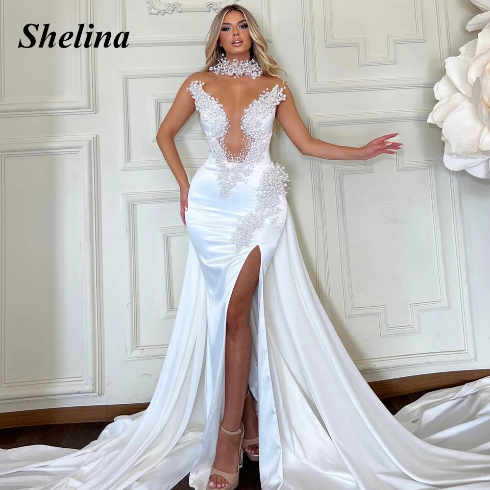 

Shelina Fairytale Trumpet Prom Dress V-neck Pearls Illusion Crystal Pleat Split Court Train Vestido De Noche Personalised