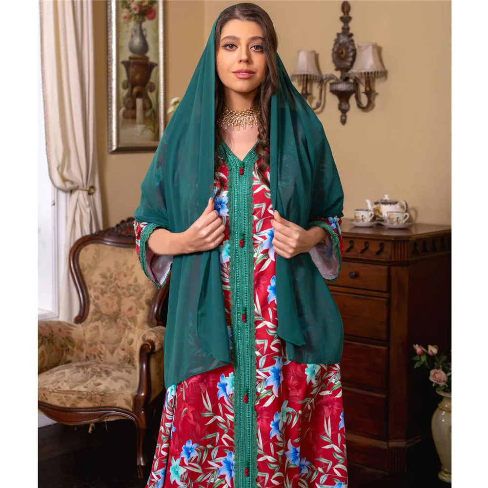 

Moroccan Kaftan Floral Print Maxi Hijab Dress Eid Mubarak Ramadan Muslim Women Abaya Scarf Robe Dubai Turkey Jalabiya Islam Gown