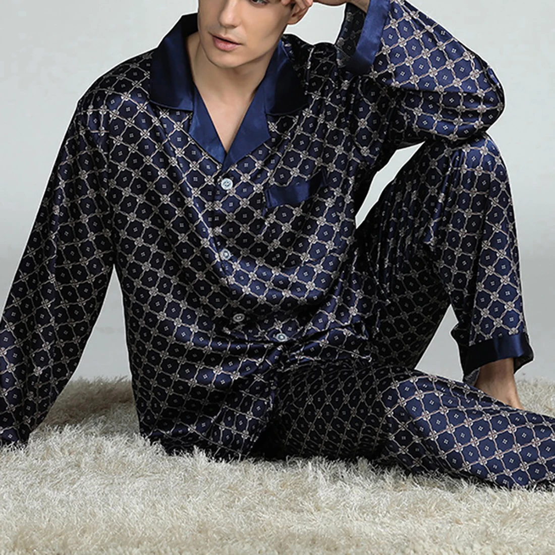 

Puimentiua Spring Men Sleepwear Long Sleeve Satin Pajama Sets For Men Sleepwear Suit Homewear Home Clothes Pyjamas Lounge Summer