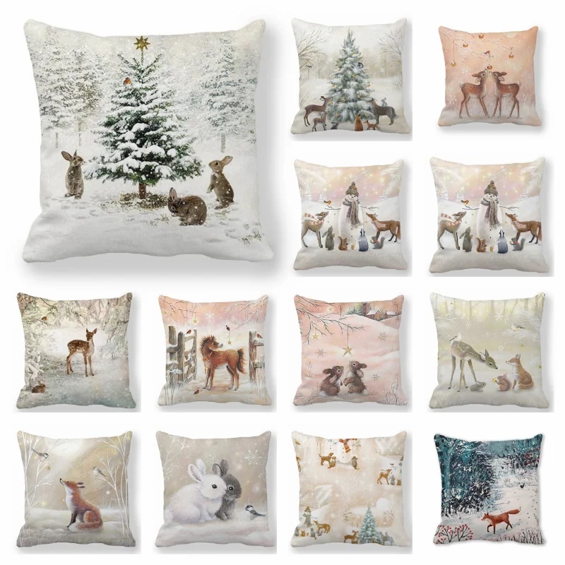 

Рождественская подушка, чехол, Рождественский олень в снежном лесу, фотография, украшения для дома, декор для дивана, новый год