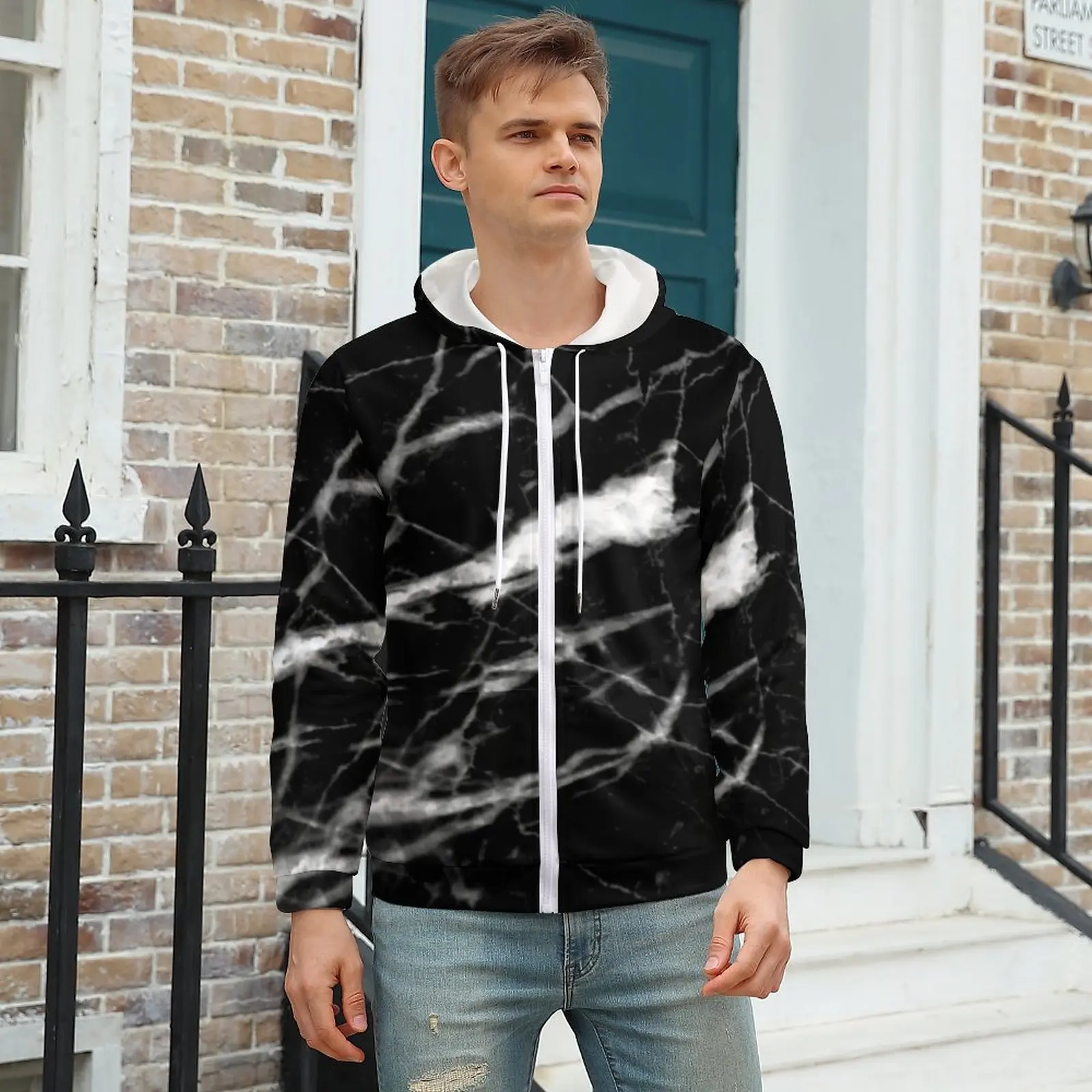 

Marble Crackle Black And White Hoodies Natural Marbles Graphics Polyester Zip Up Hoodie Stylish Warm Hoodie Big Size