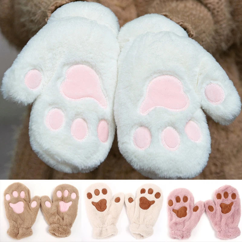 

Winter Cat Claw Cute Plush Gloves Thickened Velvet Warm Full Finger Gloves Even Fingers Gloves Kawaii Girl Mittens Cold-proof