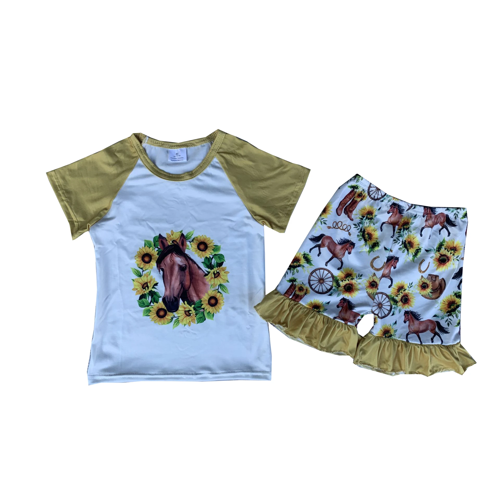 

Wholesale Toddler Girls Sets Summer Western Horse Sunflower Print Shorts Outfits