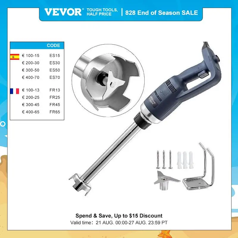 VEVOR Safety Button Space-saving Thickened Blade Commercial Immersion Blender Electric Handheld Mixer Stick for Various Food