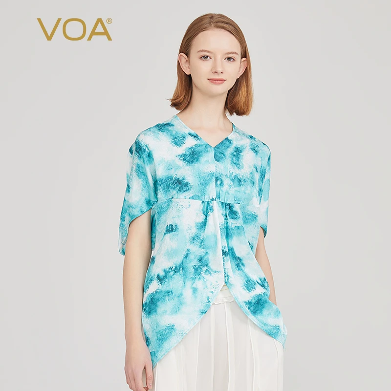 

(Fans Exclusive Discount) VOA Jacquard Silk V-Neck Bat Short Sleeve Loose Tops Women Casual Silk Graphic T Shirts Summer BE1552
