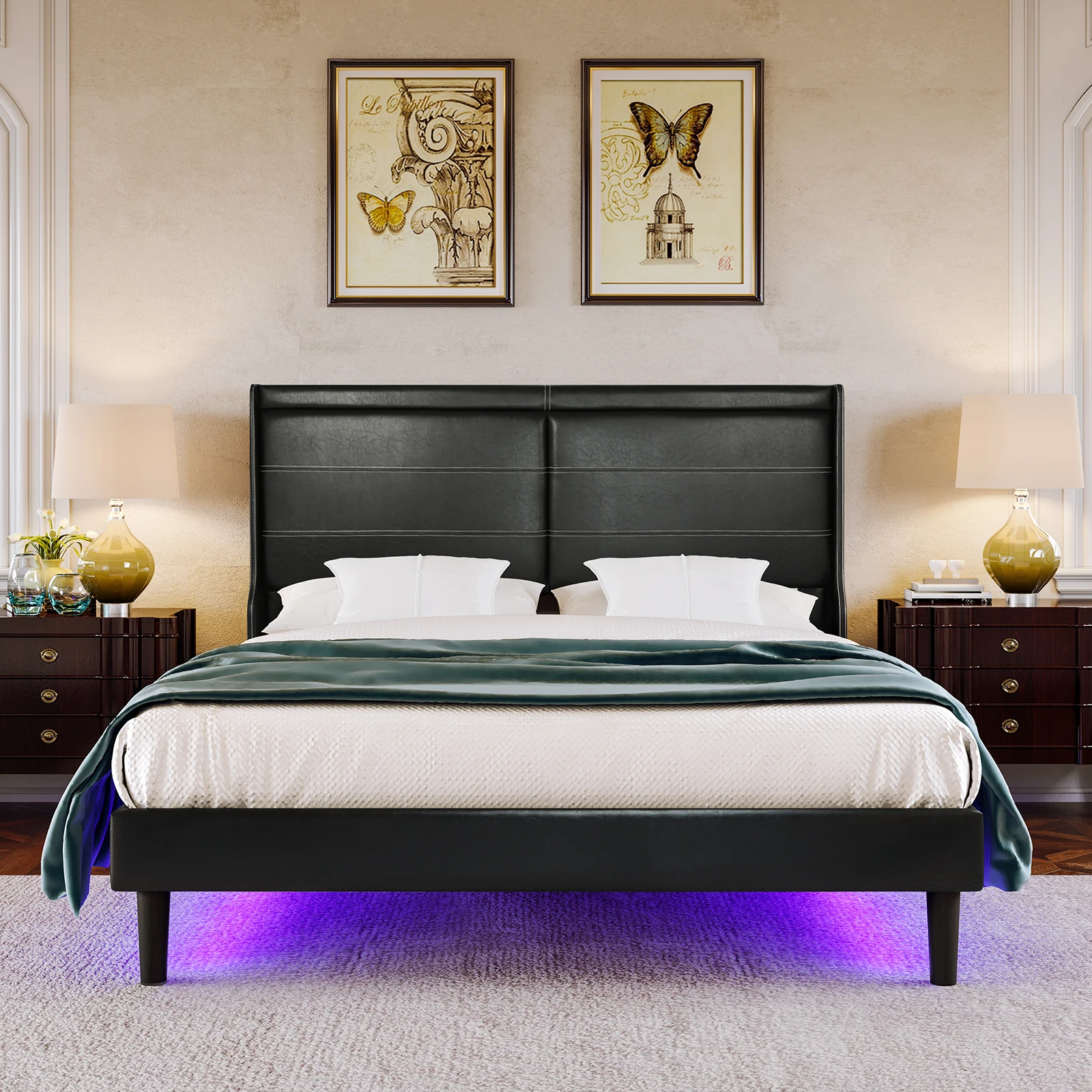 Platform Bed With Lights Stitched Wing-backed Headboard Strong Wooden Slats