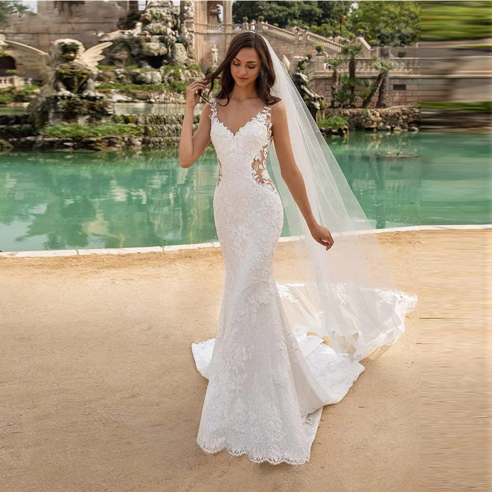 

Illusion Waistline Lace Wedding Dress Mermaid Backless Bridal Robes Appliques Court Train Bride Dresses Vestido De Noiva