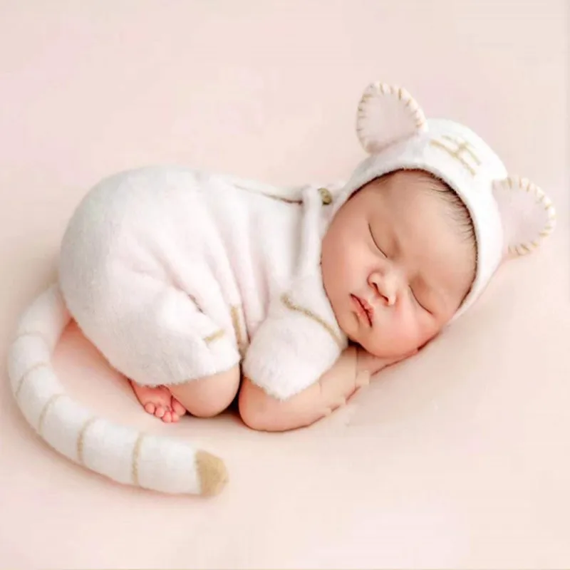 Newborn Photography Clothing Tiger Hat+Jumpsuit+Tail 3Pcs/Set Studio Baby Photo Props Accessories Infant Shoot Clothes Outfits
