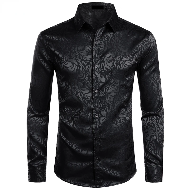 

Men's Floral Black Dress Shirts Stylish New Long Sleeve Steampunk Shirt Men Party Club Bar Social Shirt Male Chemise Homme