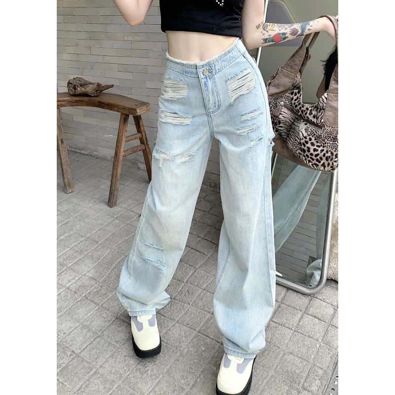 

Blue Women's Jeans Vintage Fashion Trousers American Streetwear High Waist Wide Leg Autumn Baggy Casual Straight Denim Pants