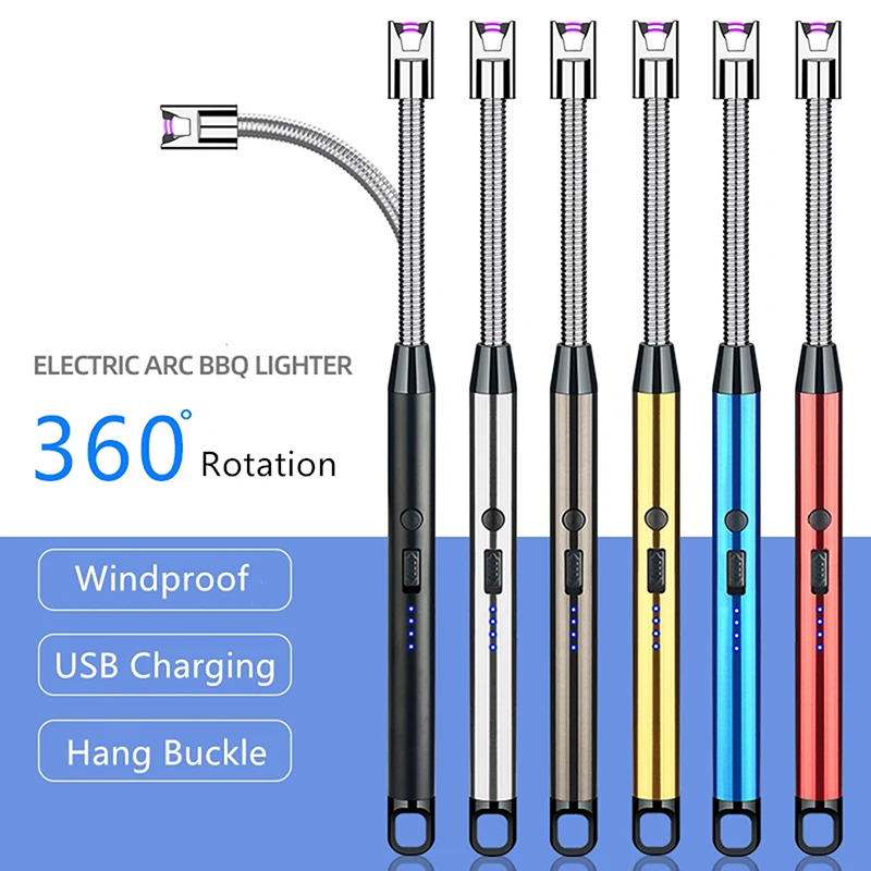 

360 Rotation Arc BBQ Lighter USB Kitchen Gas Stove Plasma Lighter Windproof Flameless Electric Candle Lighters With Hook Outdoor