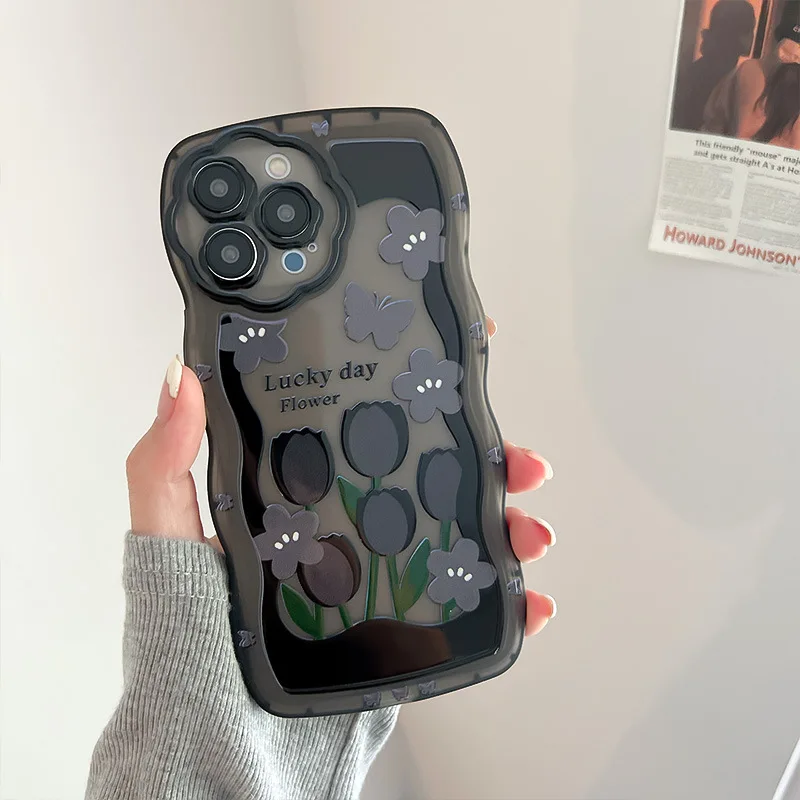 Фото Черный чехол с цветком тюльпана для телефона Iphone 13Pro XR X XSMAX XS 11 12 13 Pro Max 7 8 Plus 13ProMax, Обложка, чехлы №5