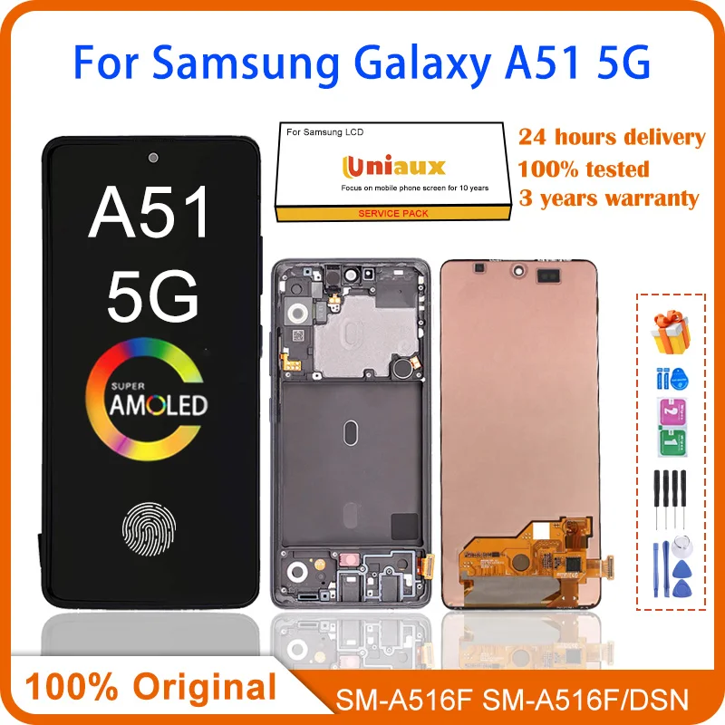 Оригинальный AMOLED дисплей 6,5 дюйма для Samsung Galaxy A51 5G A516, ЖК-дисплей с рамкой, сенсорный экран для Galaxy A51, детали для замены экрана