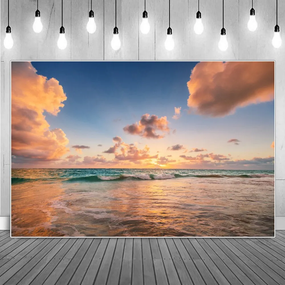 

Dusk Ocean Surface Seawater Waves Holiday Photography Backdrops Summer Seaside Tides White Thick Clouds Photocall Backgrounds