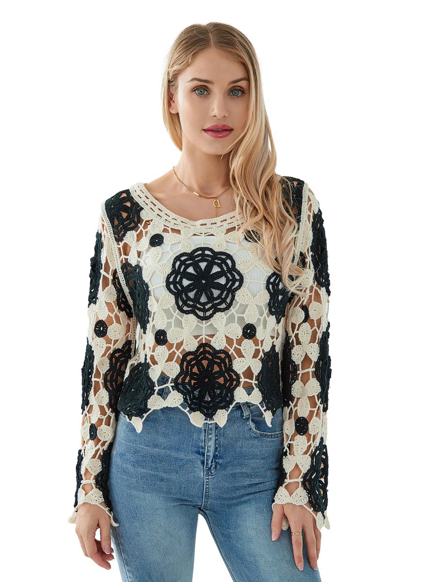 

Women s Boho Floral Crochet Crop Top Long Sleeve Crewneck Summer Beach Cover Up Clubwear