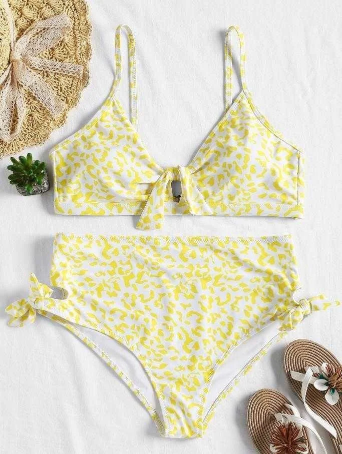 

Sexy Digital Printing Bikini Split Swimsuit Womens High Waist Knotted Swimming