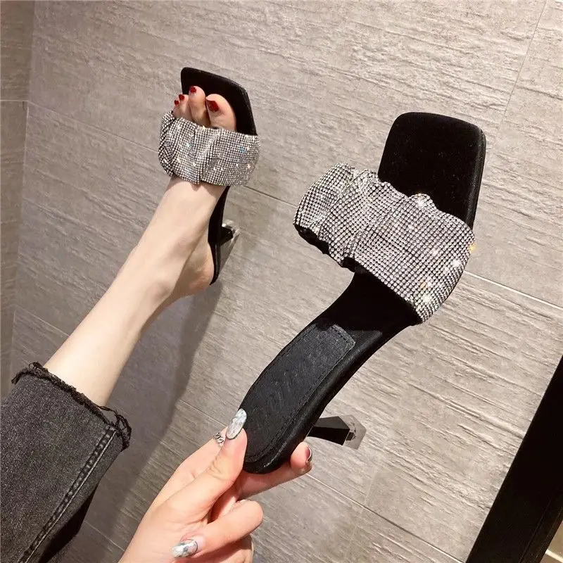 2022 Versatile New Rhinestone Ankle-Strap Open Toe Sandals Internet Celebrity French High Heels Women's Stiletto Heel Black