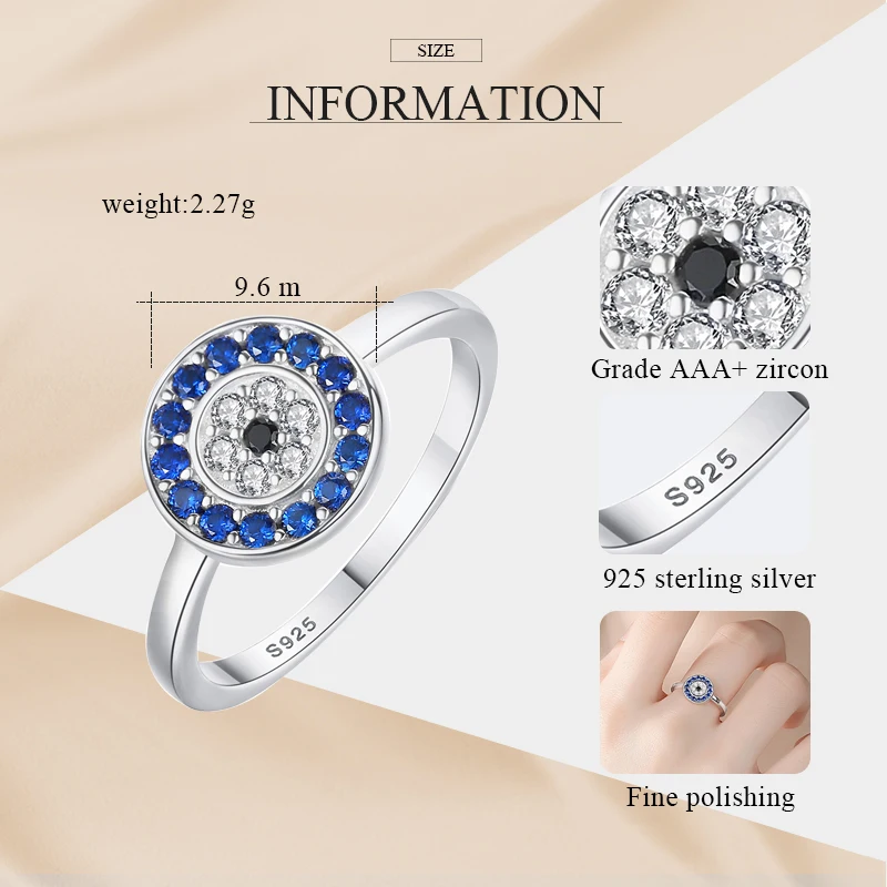 TONGZHE Lucky Evil Eye 925 Sterling Silver Rings For Women Charm Blue CZ Finger Men Wedding Engagement Luxury Jewelry |