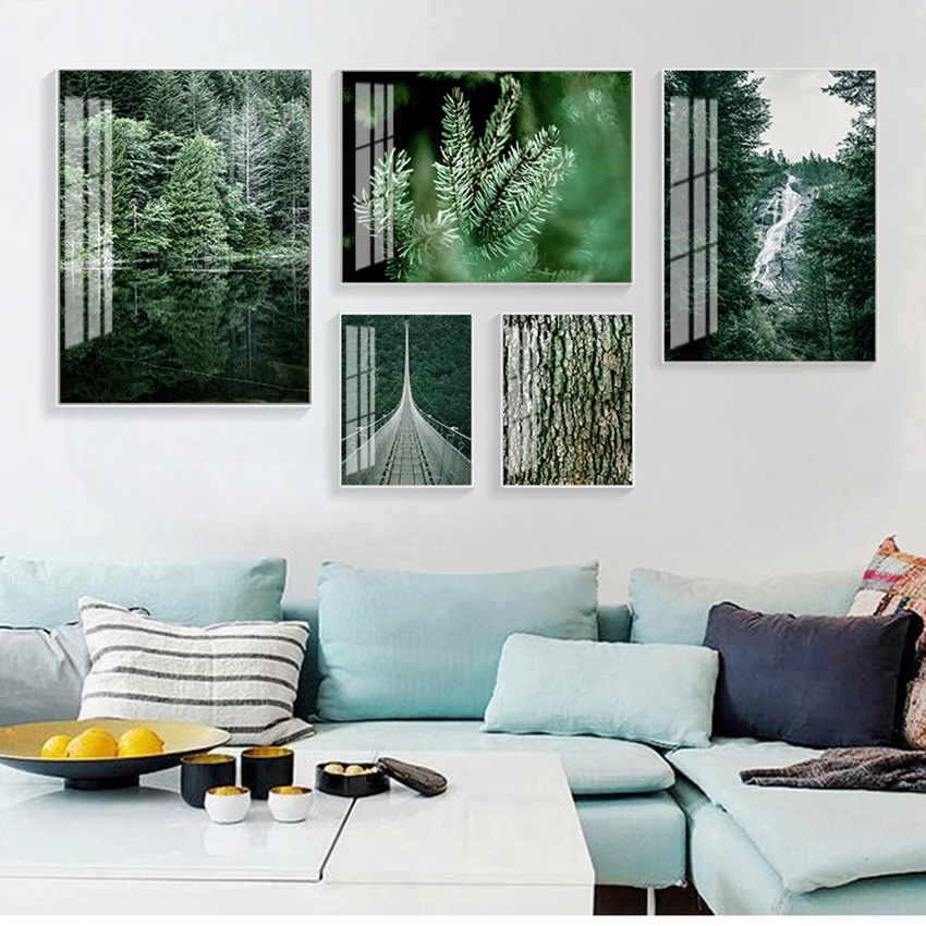 

Wall Art Print Painting Nordic Decoation Forest Waterfall Bridge Landscape Picture Scandinavian Scenery Nature Canvas