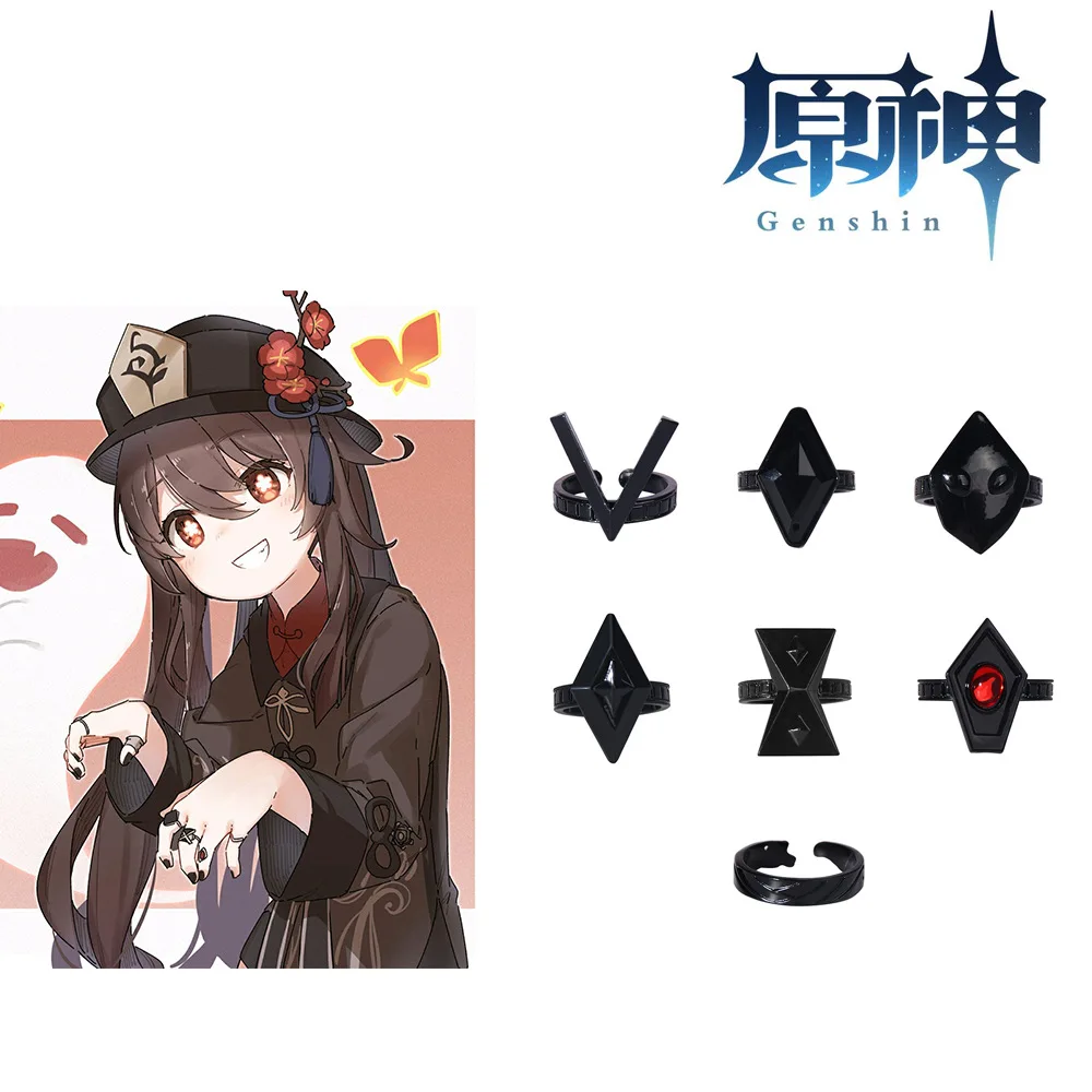

Game Genshin Same Ring Set Creative Classic Black Jewelry Fashion Accessories Cos Props Adjustable Wild Ring Set Souvenir Gift