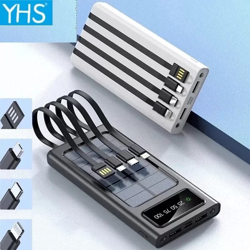 

2023New Top Solar Power Bank Built Cables 30000mAh Solar Charger 2 USB Ports External Charger Powerbank For Xiaomi iphone with L
