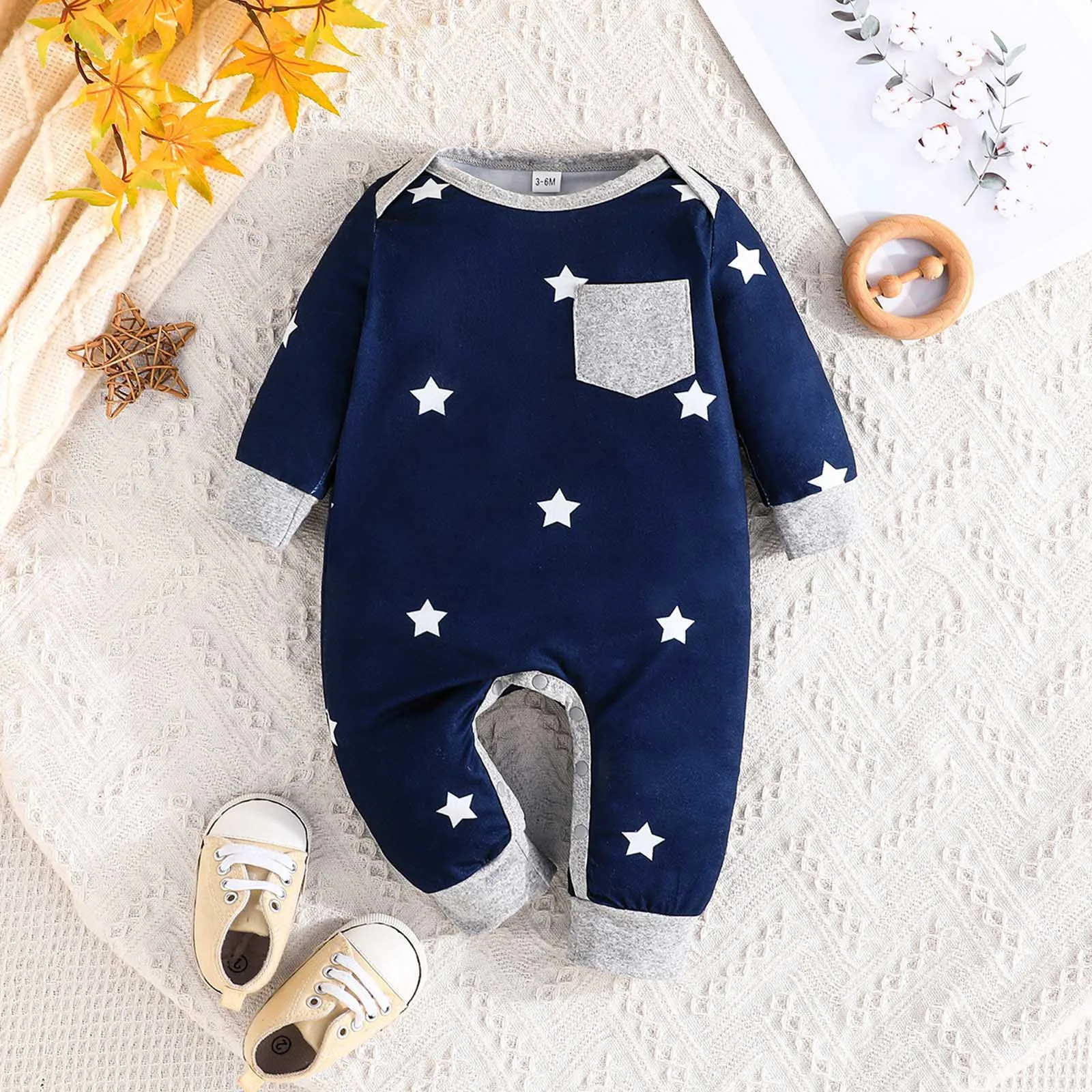 Комбинезон с длинными рукавами в полоску/звездочный принт для новорожденных