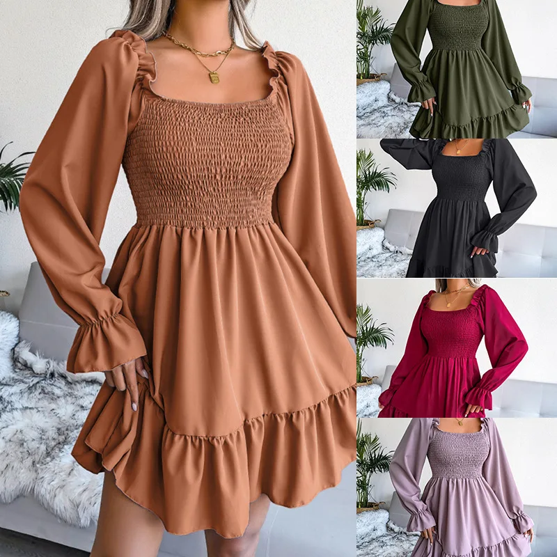 

New Spring Summer 2023 Casual Commuter Ruffle Long Sleeve Square Neck Loose Dress
