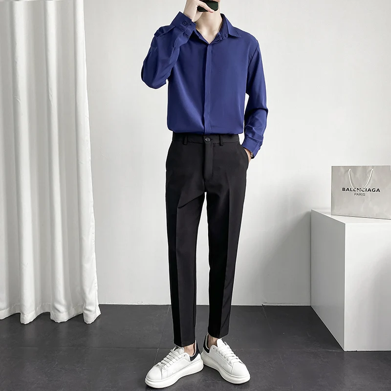 2022 men's spring and summer new concealed button solid color shirt men's loose youth Hong Kong style long sleeved shirt fashion