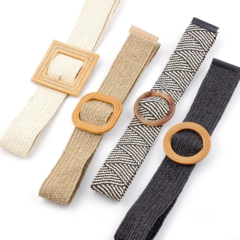 

New PP Grass Woven Belt Male and Female Student Belts Women's Round Buckle Fashion Decorative Belt Versatile Elastic Belt