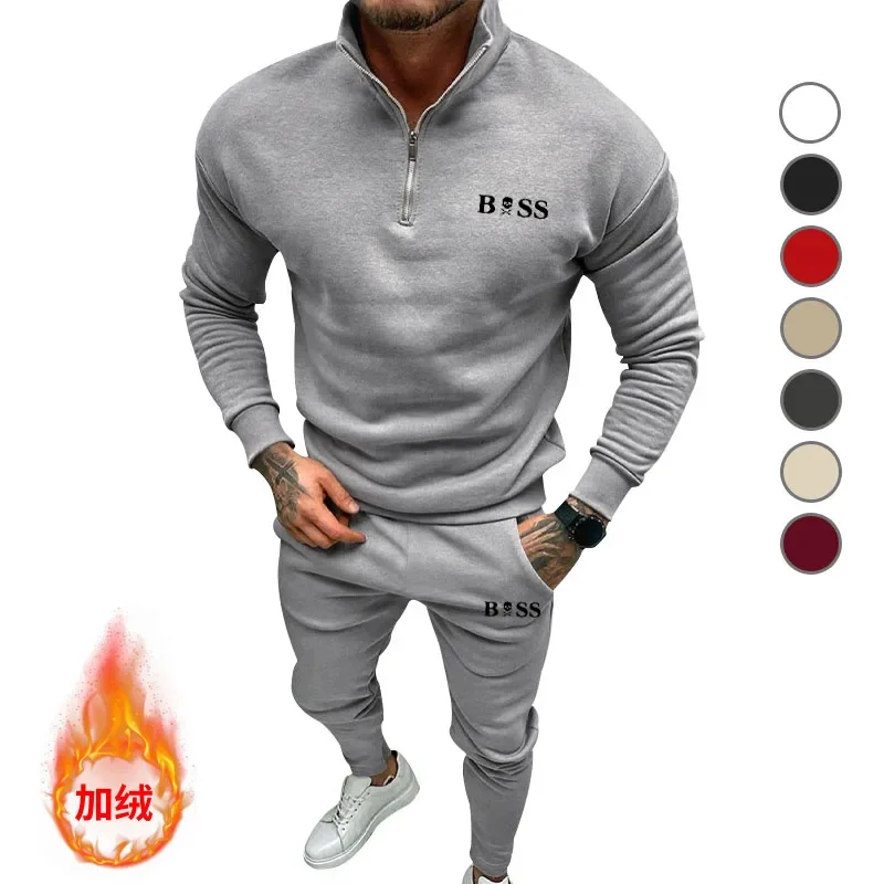 

Роскошный мужской повседневный плюшевый однотонный топ с длинным рукавом Zalf на молнии с однотонными брюками Новинка 2023 комплект из двух предметов