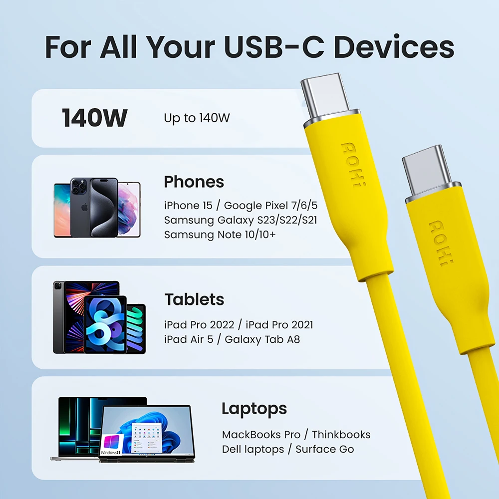 AOHI 140 Вт240 Вт PD 3.1 USB C — USB C Шелковистый кабель для быстрой зарядки длиной 3,3 фута (art.: 3920d0da468eb) - 3920d0da468eb
